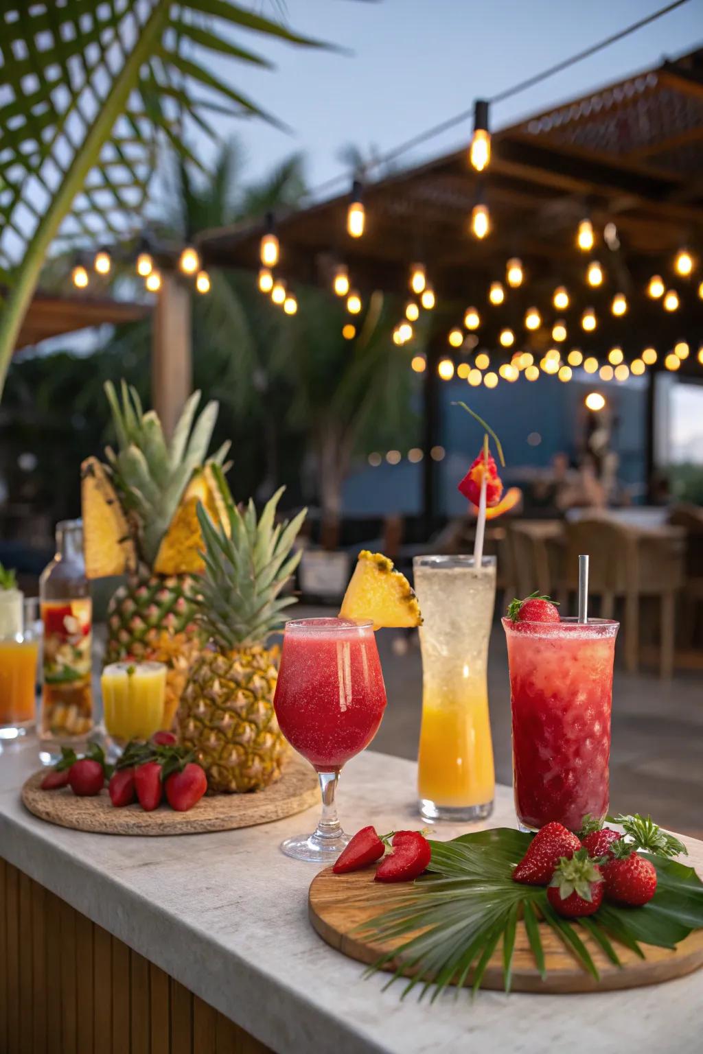 A vibrant tropical drink station for summer get-togethers.