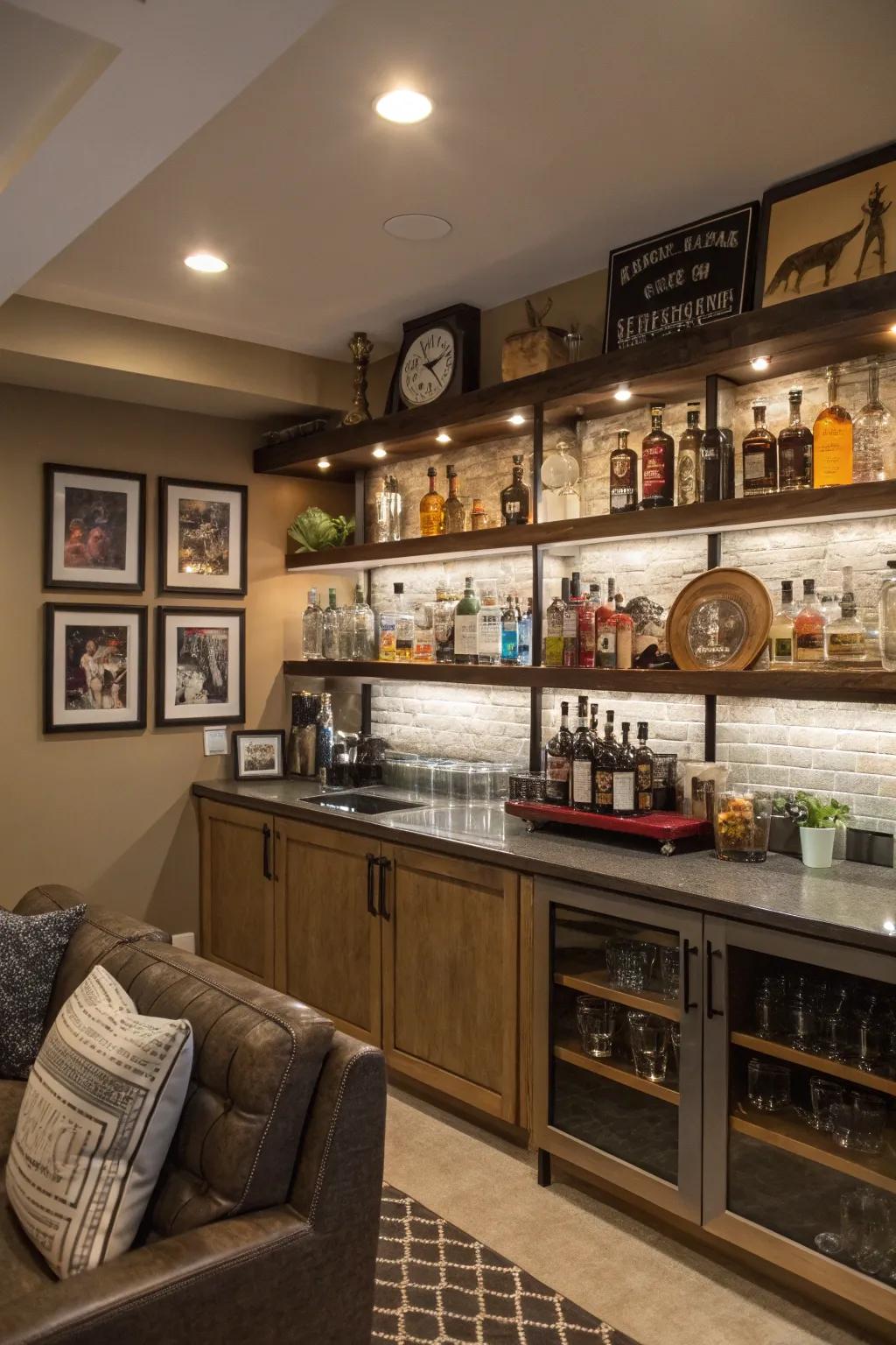 Ornamental storage brings individuality and flair to this home bar setup.