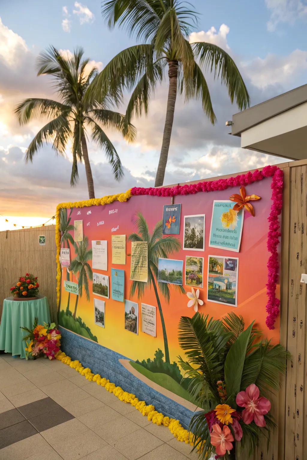 A tropical paradise-themed bulletin board abundant in vibrant colors.