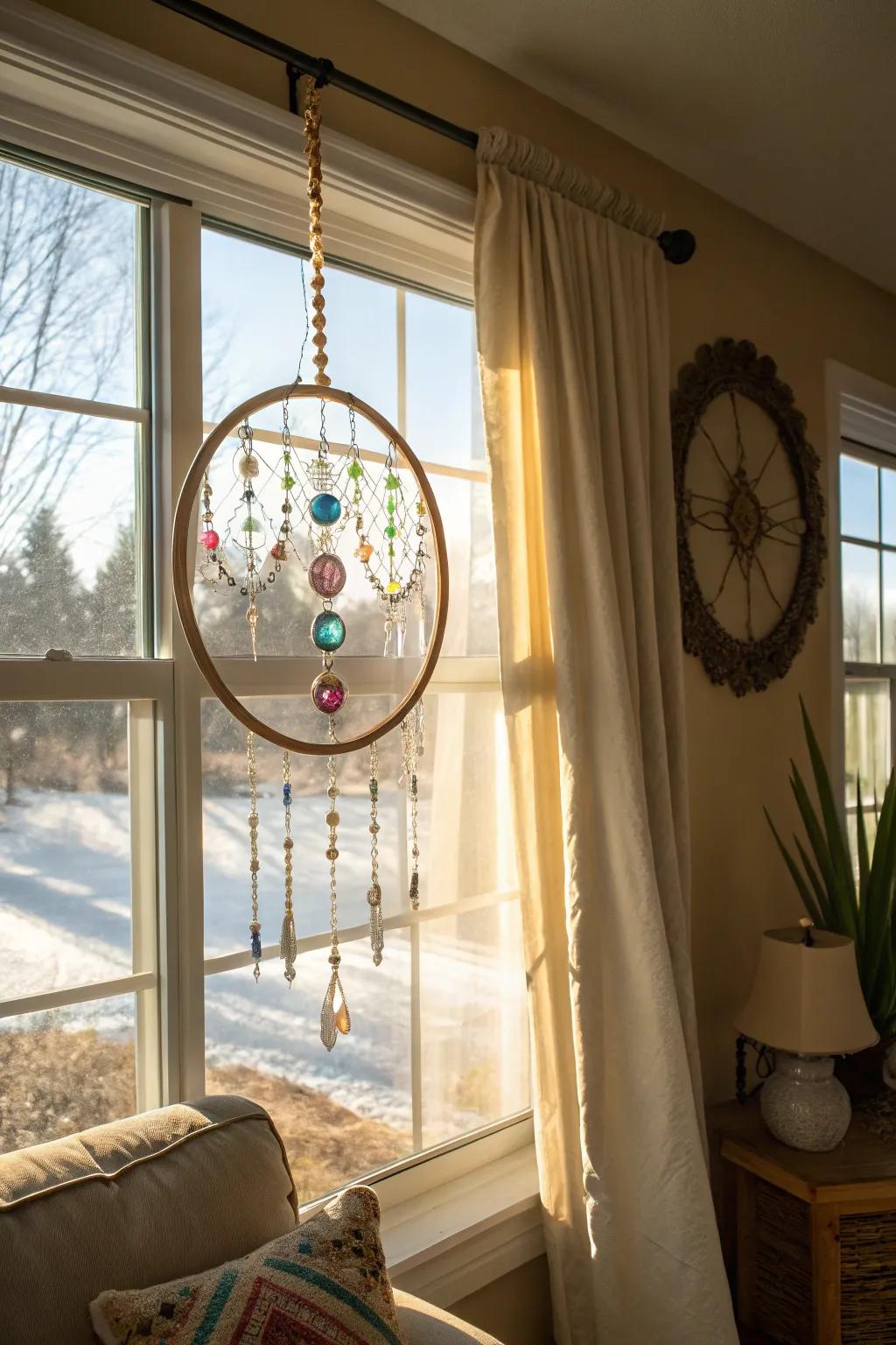 Boho elegance with an embroidery hoop light catcher.