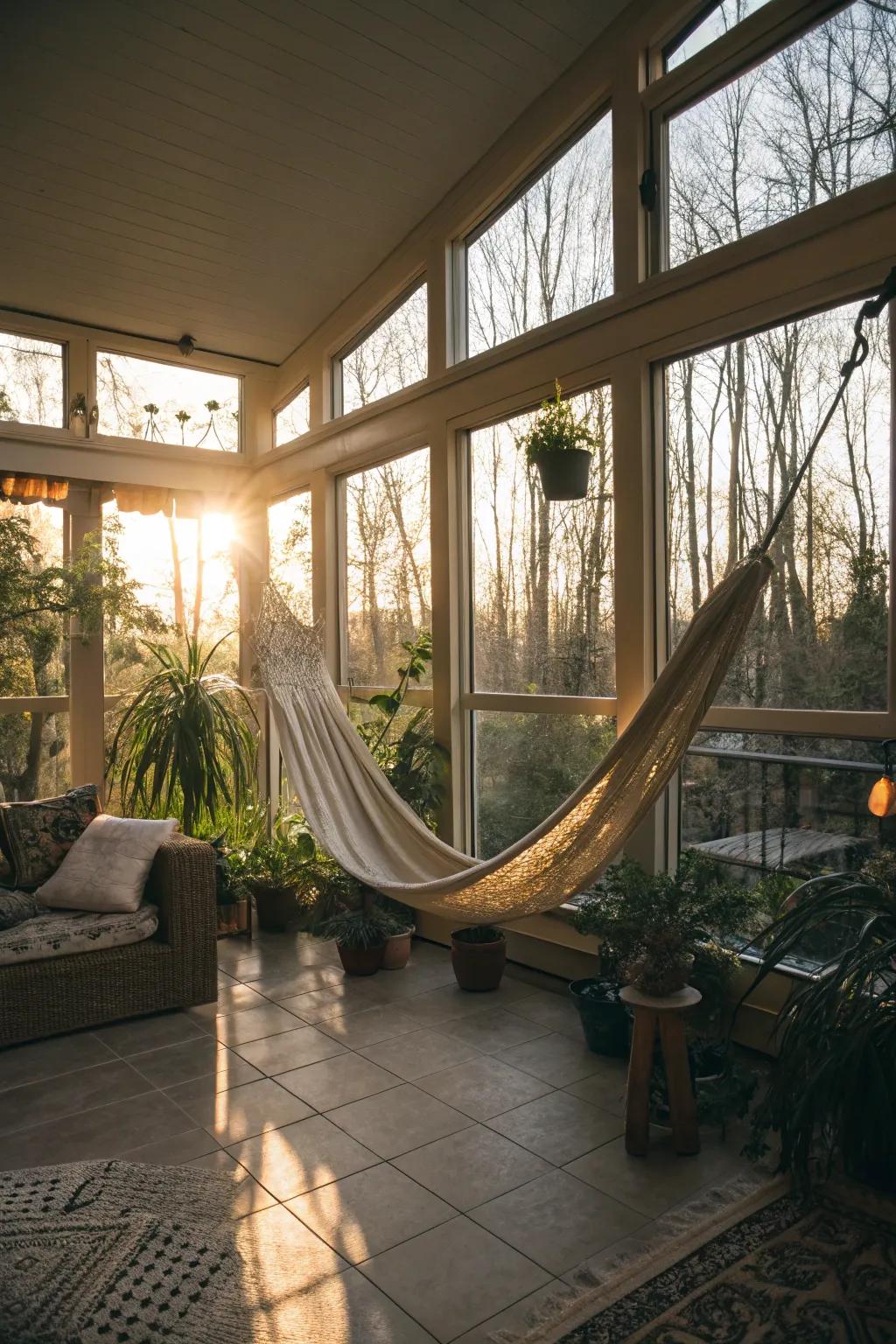 A sunroom showcasing a hammock, ideal for unwinding and relaxation.