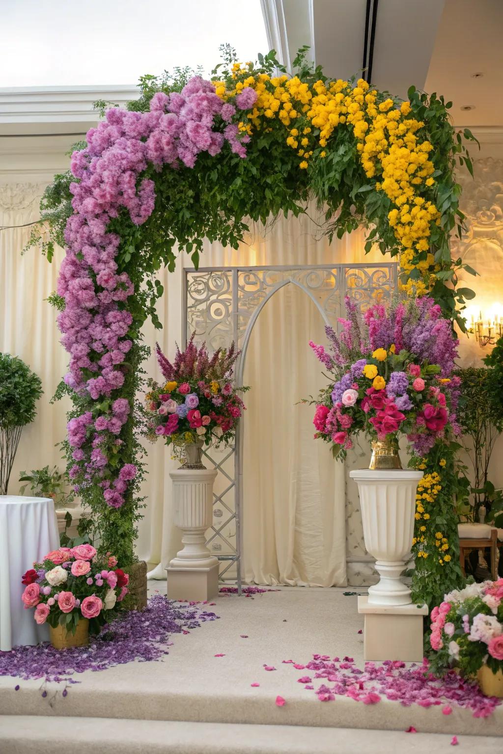 A vibrant floral arrangement backdrop that forms a blooming haven.