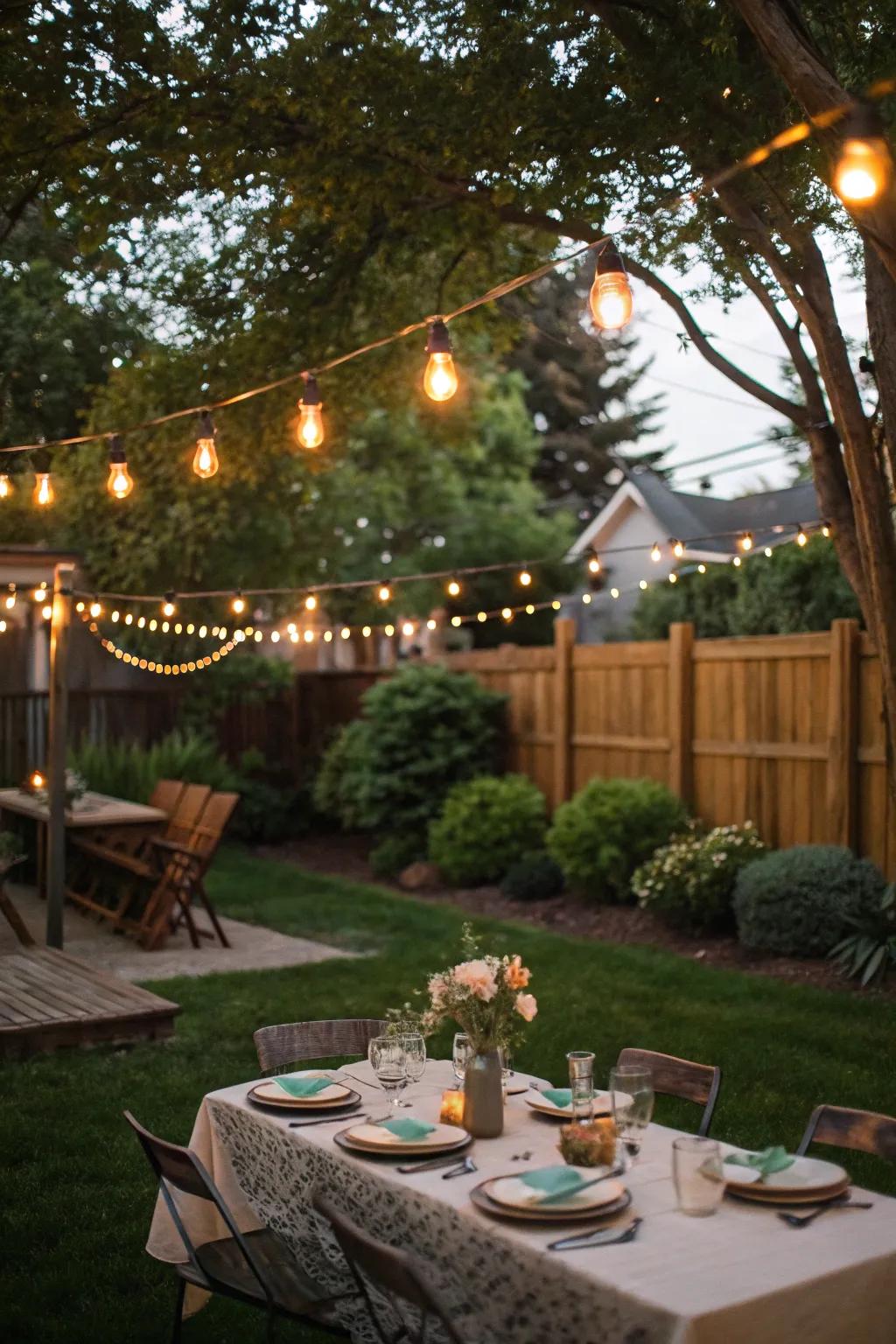 String lights craft an alluring atmosphere for evening barbecues.