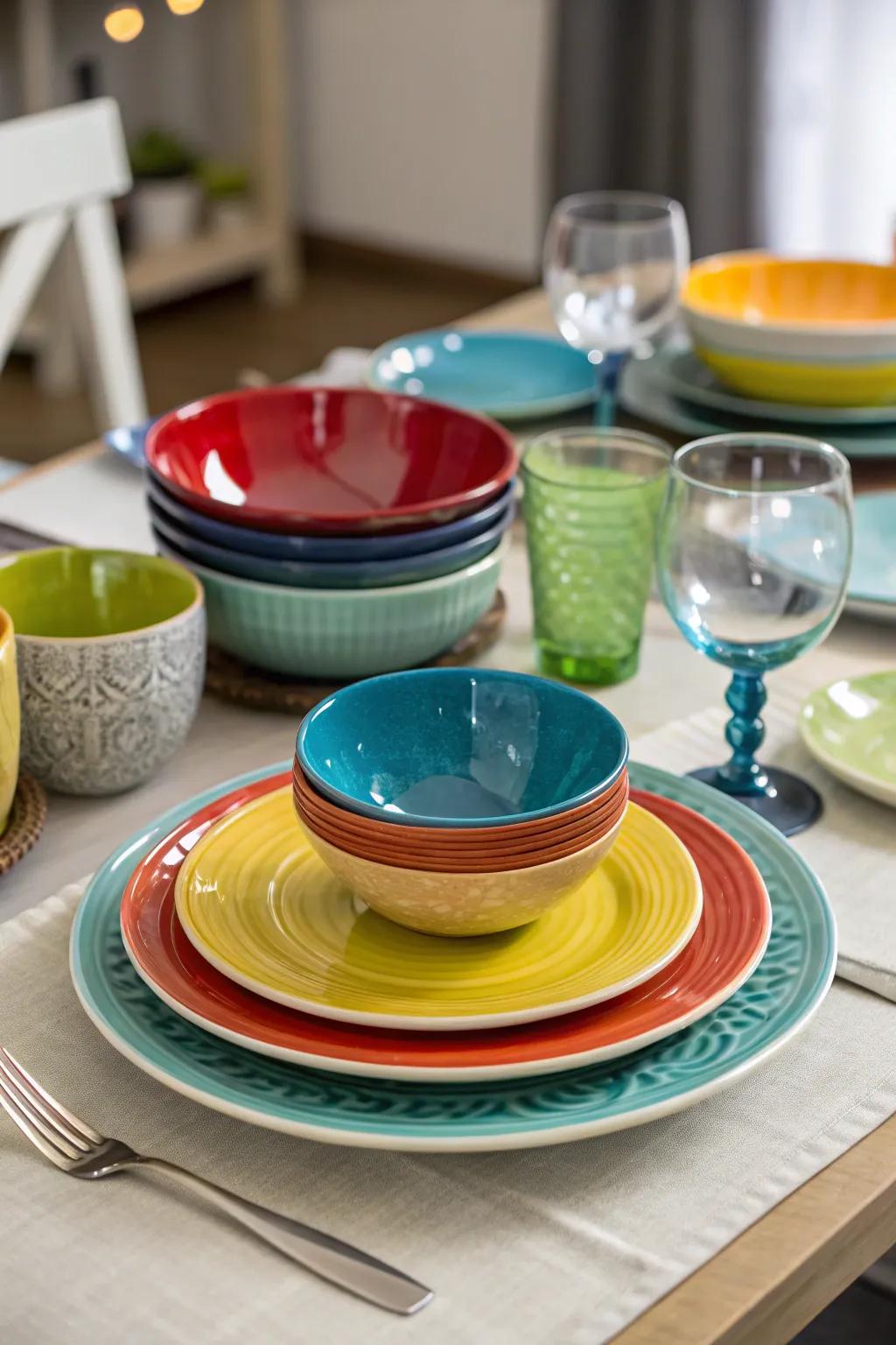 Layered dishes construct a sophisticated and lively table setting.