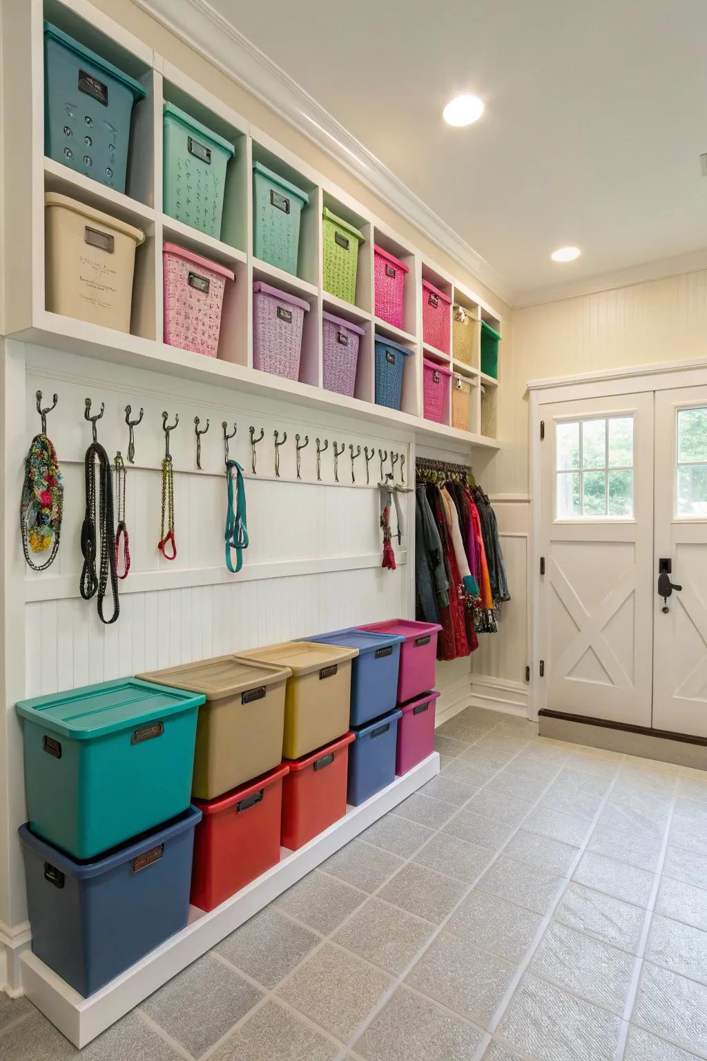 Storage with matching colors in a tack room for a unified look.