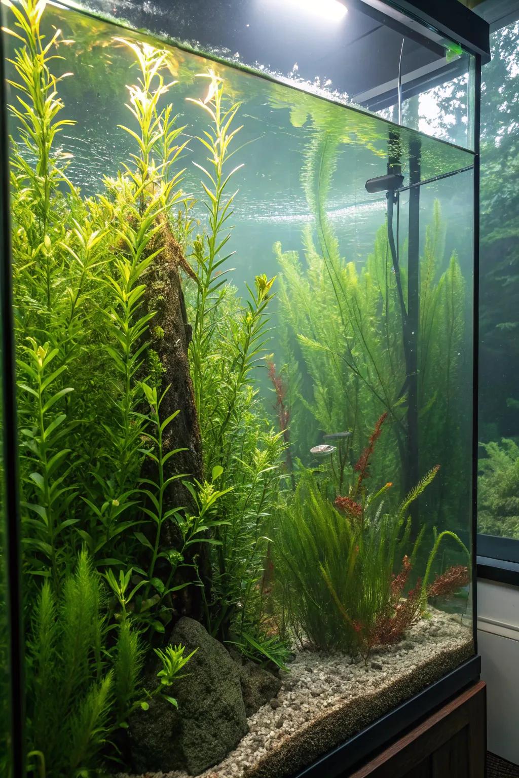 An enthralling underwater jungle scene housed within a towering aquarium.