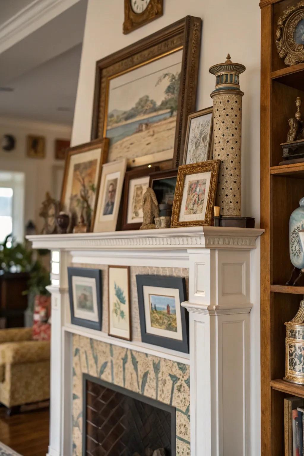 A high mantel layered with different artworks, crafting a visually stimulating showcase.