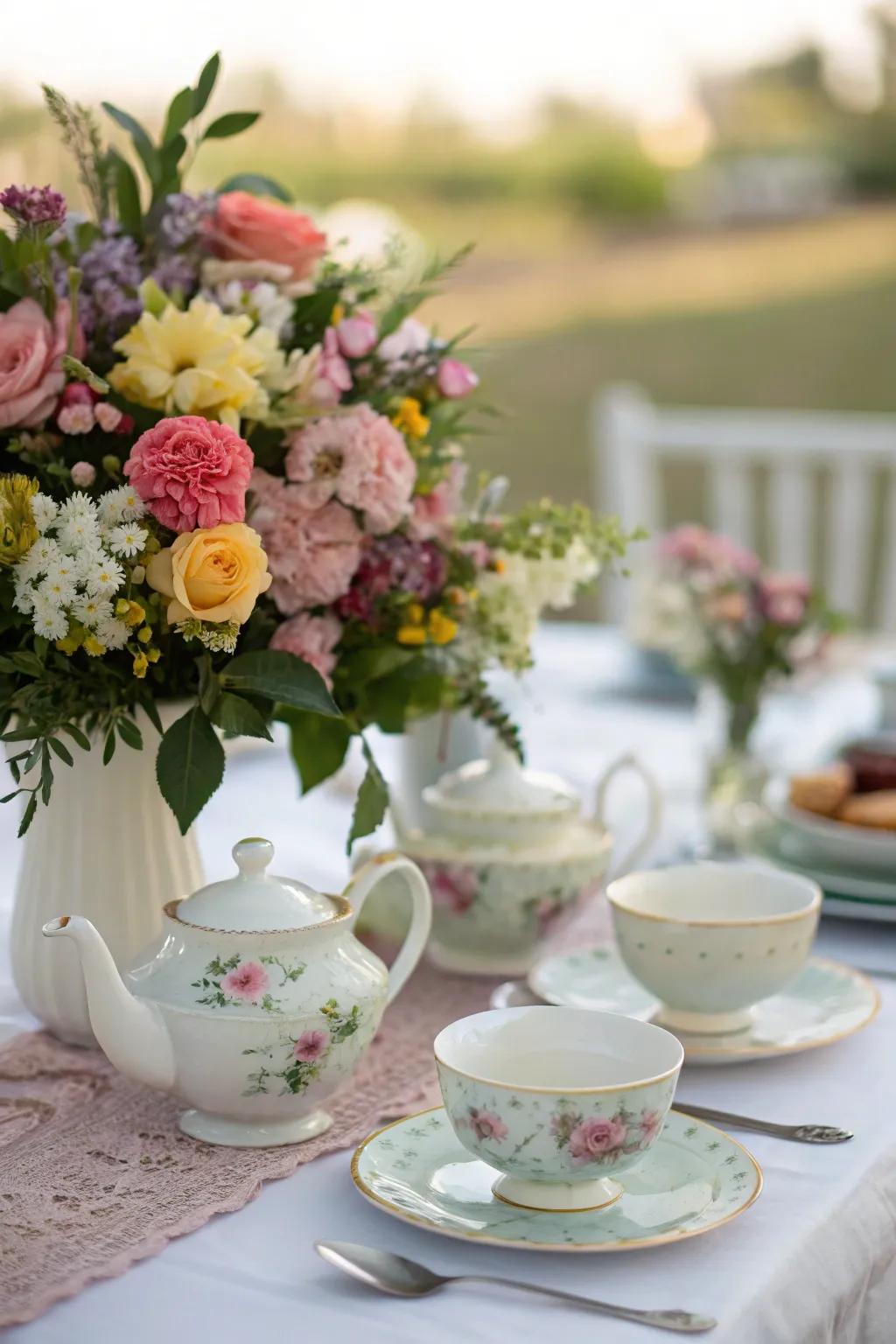 Abundant botanical displays contribute lively coloration and sophistication to the tea gathering.