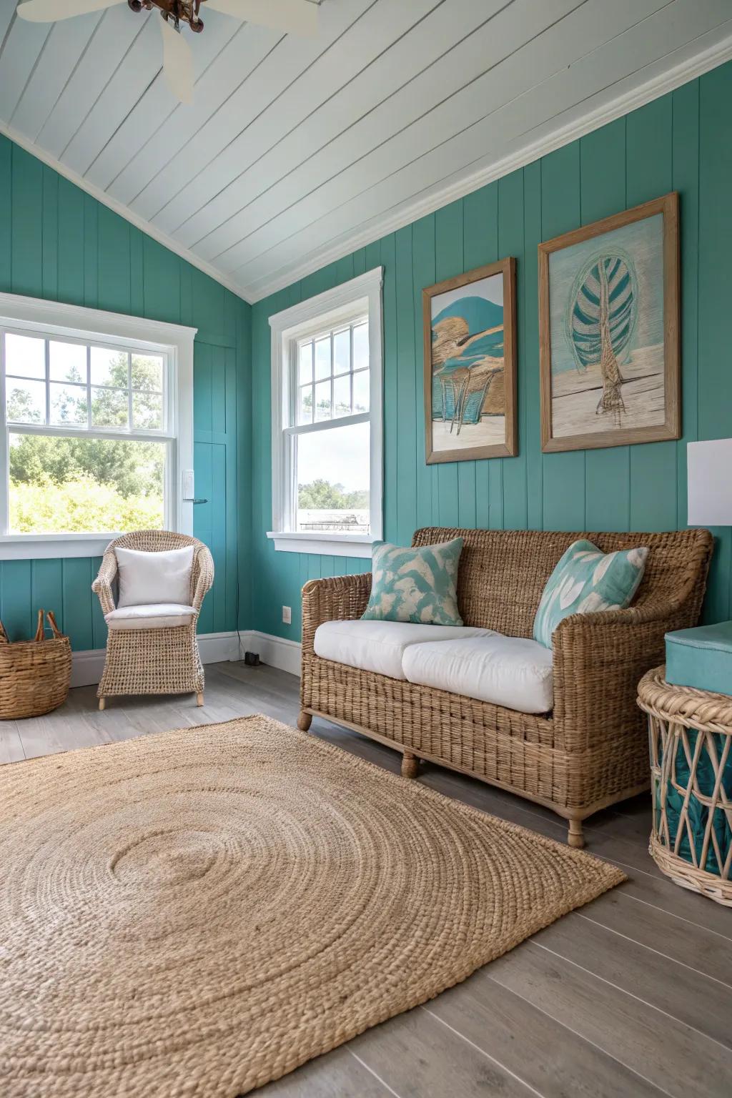 Oceanfront-inspired styling using turquoise walls and raw textures.
