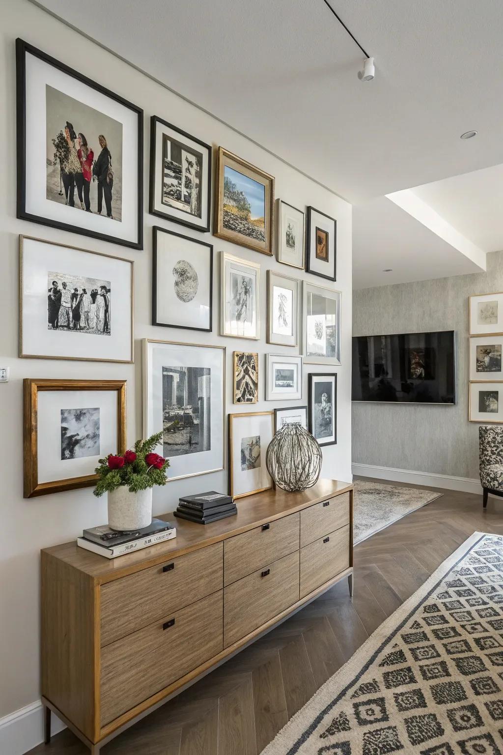 A modular wall decorated with a handpicked assortment of artwork and photographs.