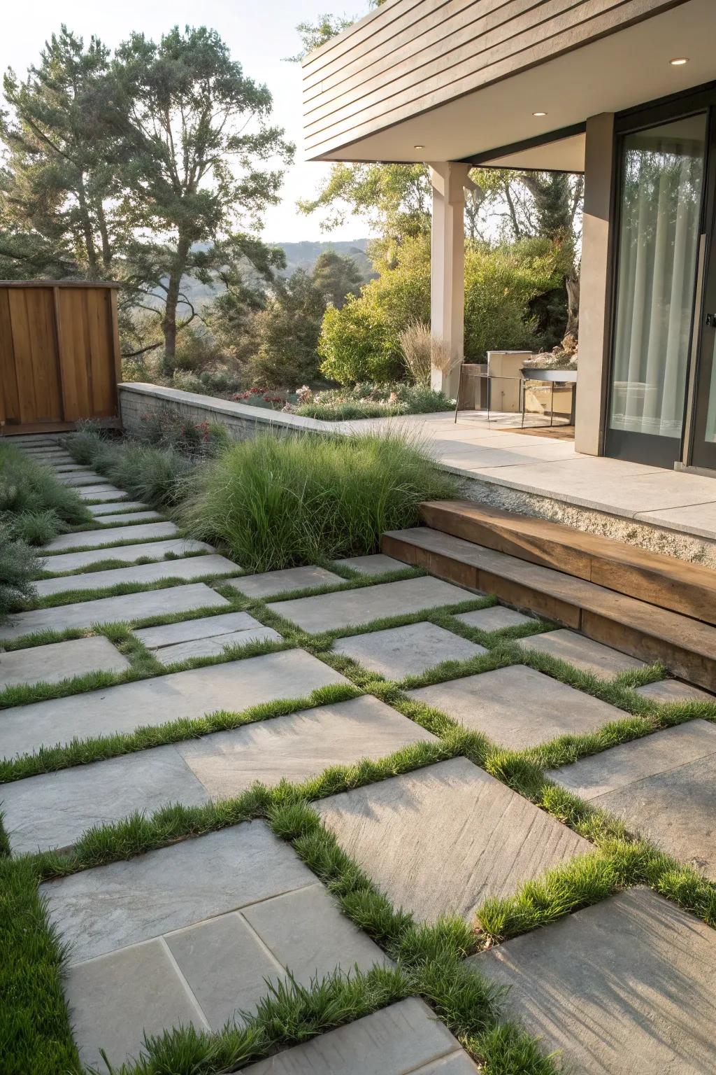 A combination of turf and stone crafts a natural yet fashionable patio.
