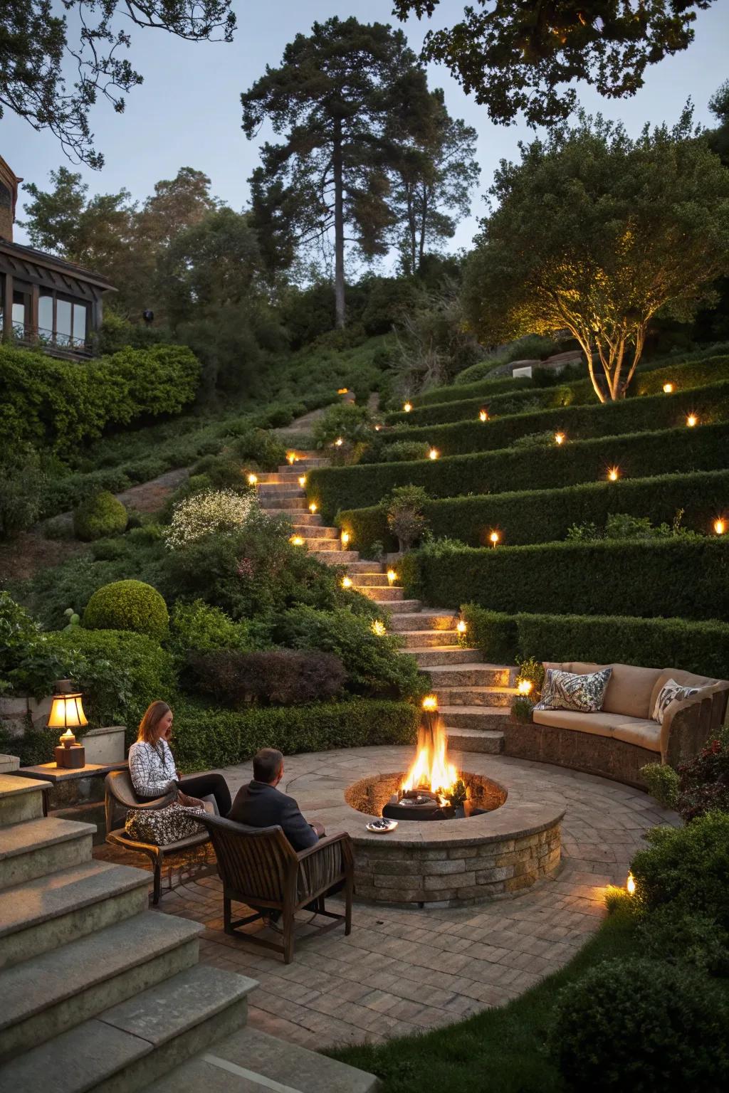 A central fire feature in a layered garden, establishing a warm and welcoming ambiance.