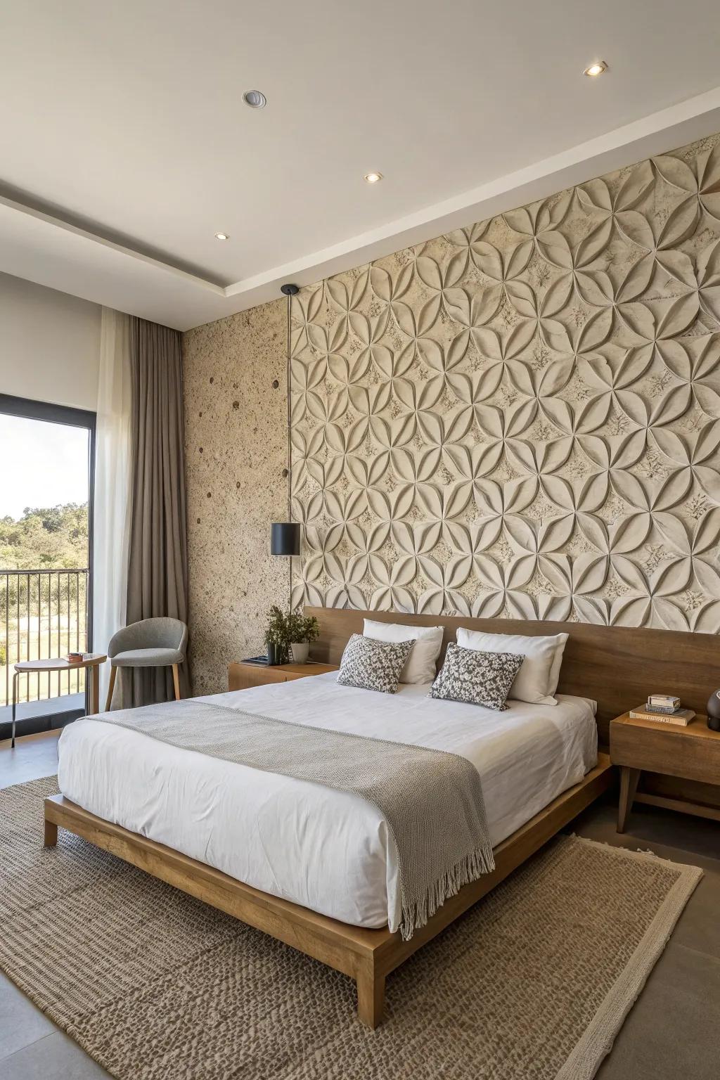 A bedroom presents a striking textured accent wall, serving as its central feature.