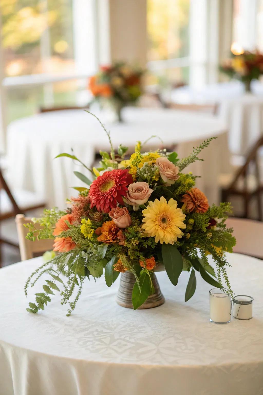 Vibrant autumnal florals brighten the Thanksgiving table.