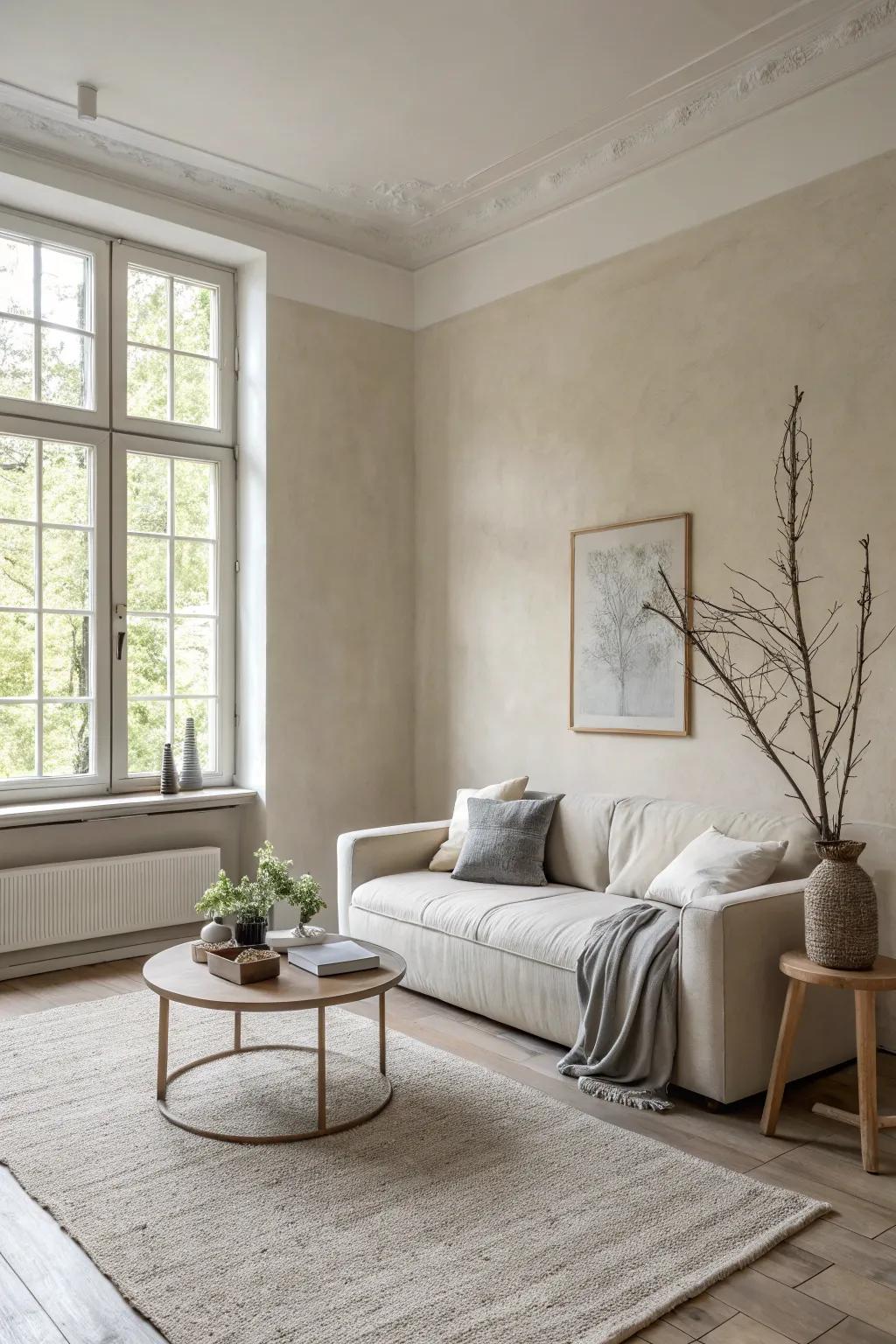 Minimalist lounge with a tidy and serene design.