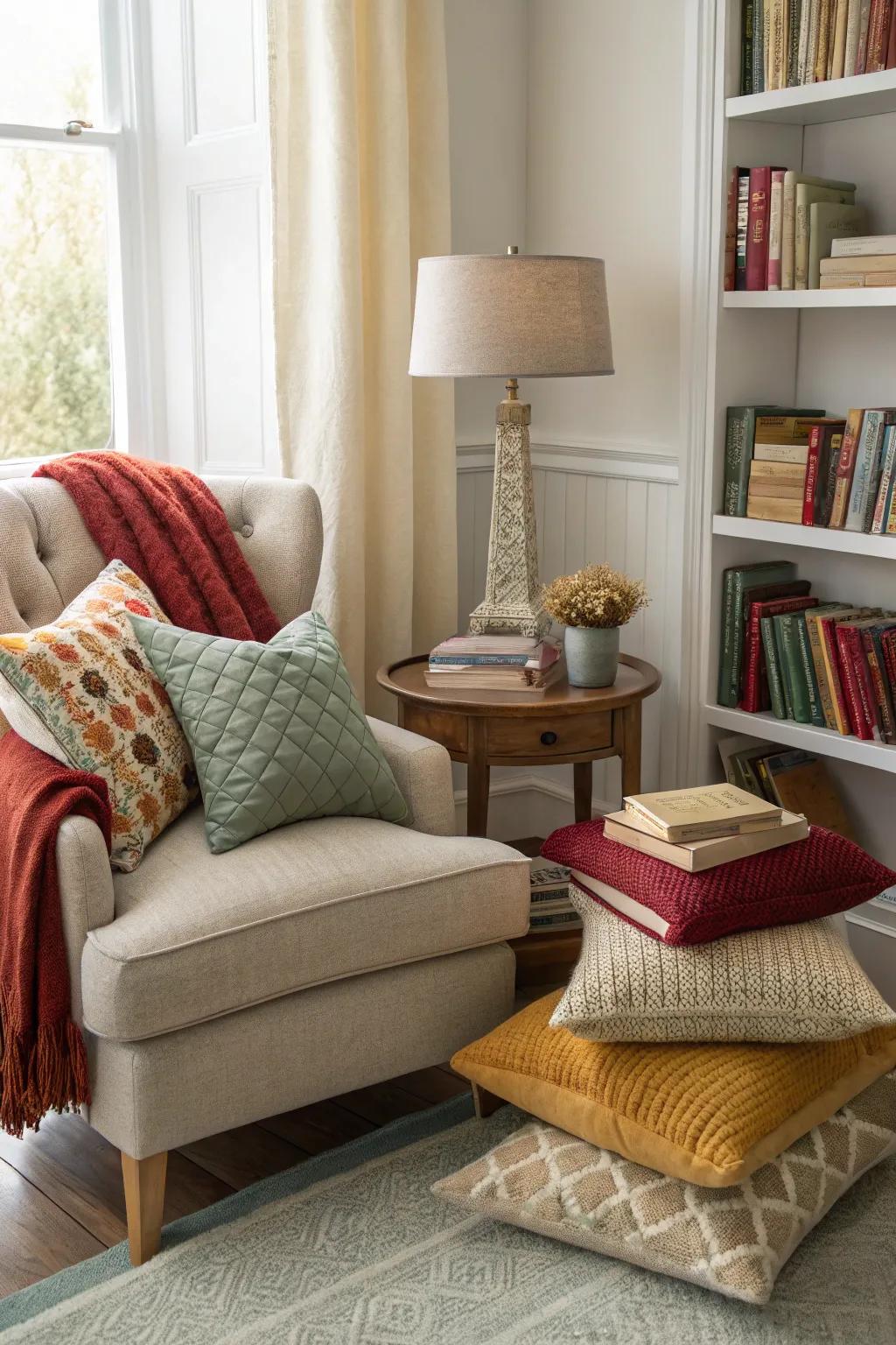 An arranged setup of cushions establishing a welcoming and comfortable reading area.