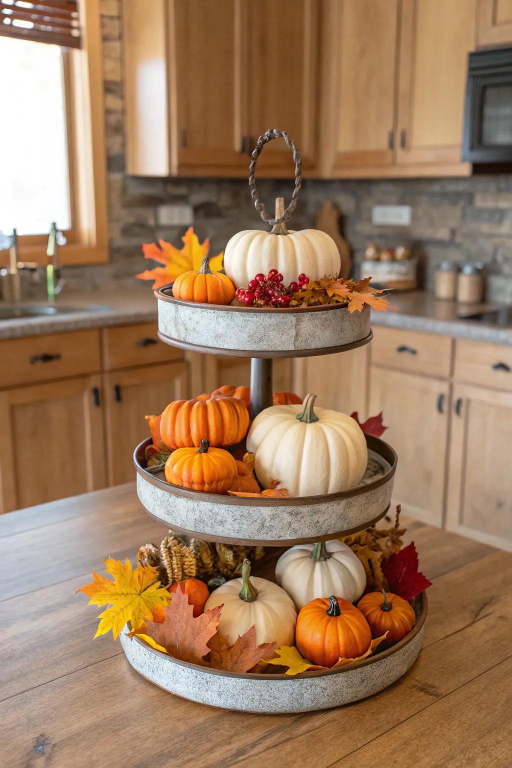 An autumn-themed tiered display that ushers the harvest indoors.
