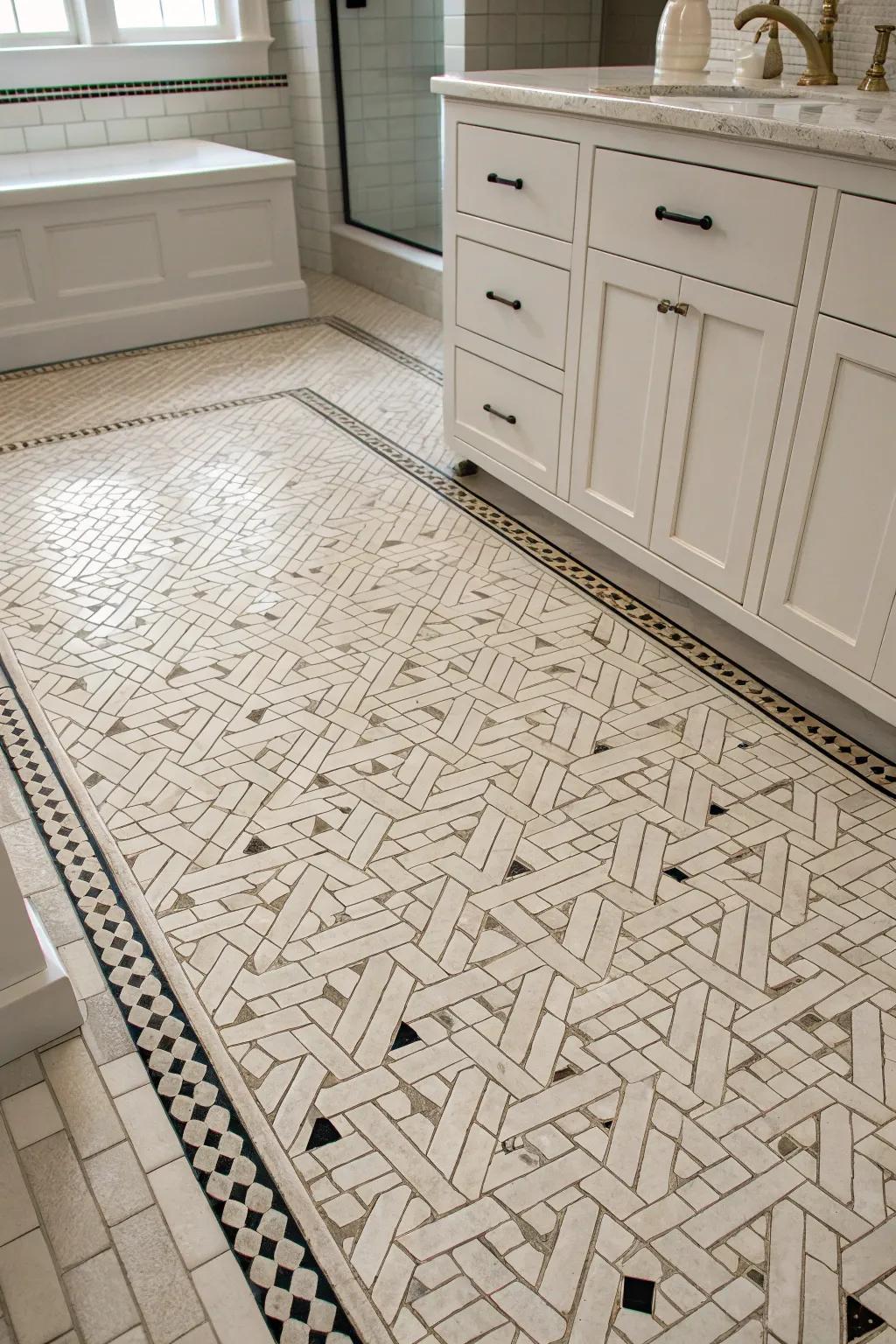 The basketweave design delivers a timeless allure within this elegant washroom.