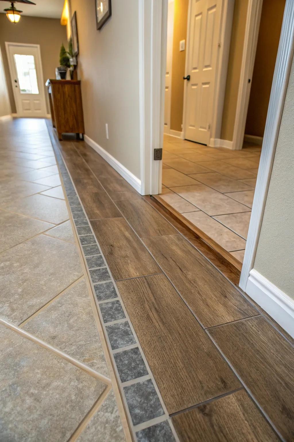 A reducer joins a tile floor to a higher laminate floor.
