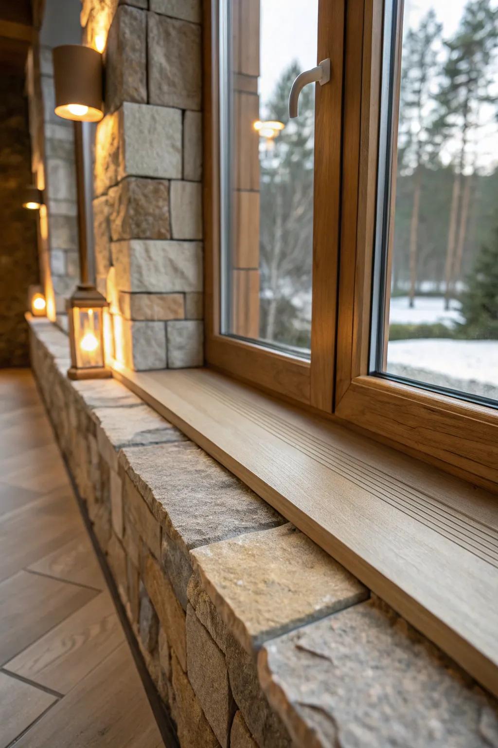 Natural stone tiles emanate sophistication and warmth, particularly when matched with timber components.