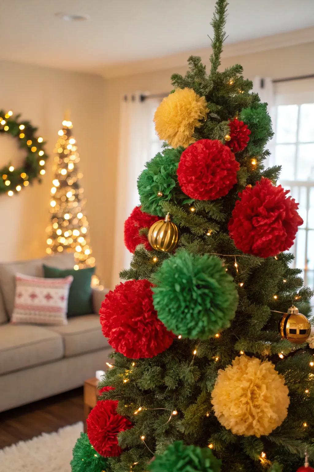 Fluffy balls create enjoyable and hazard-free tree decorations.