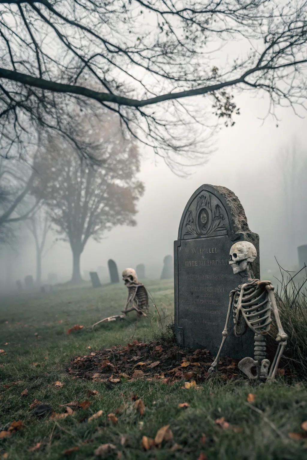 Skeletons boost the eerie atmosphere of any Halloween display.