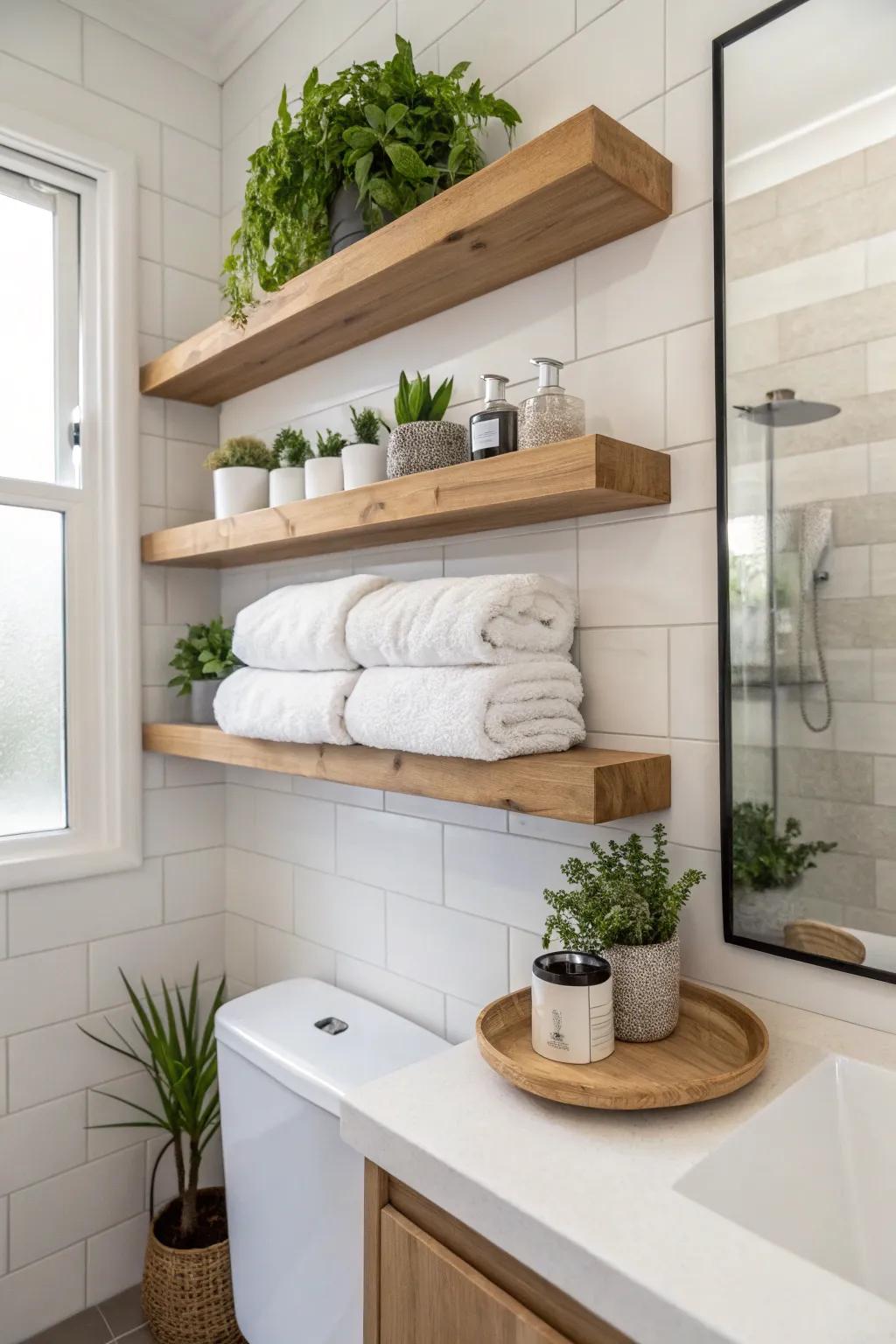 Floating shelves offer a simple and stylish choice for towel storage.