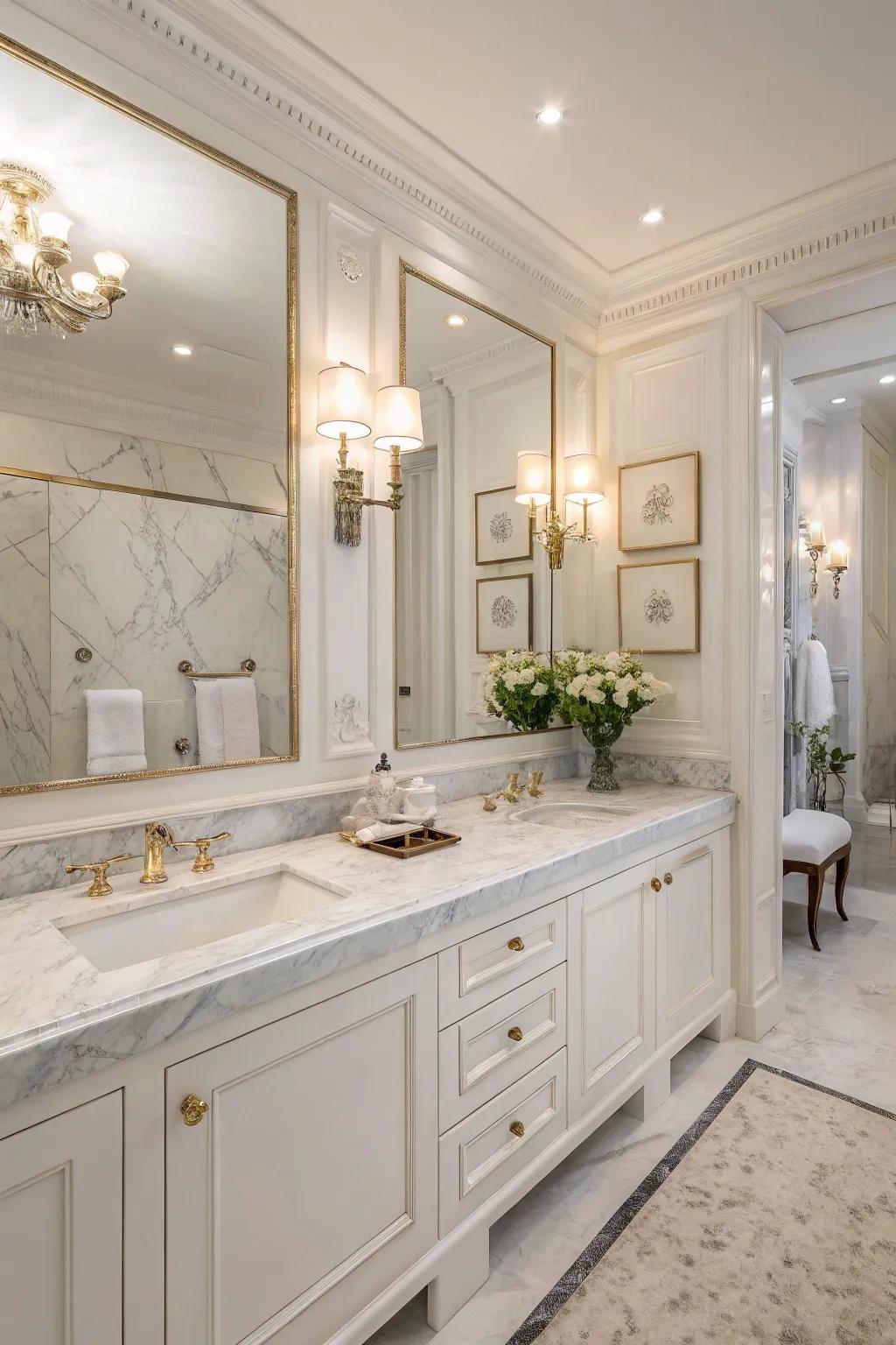 A white bathroom displaying elegant stone countertops, injecting a luxurious element.