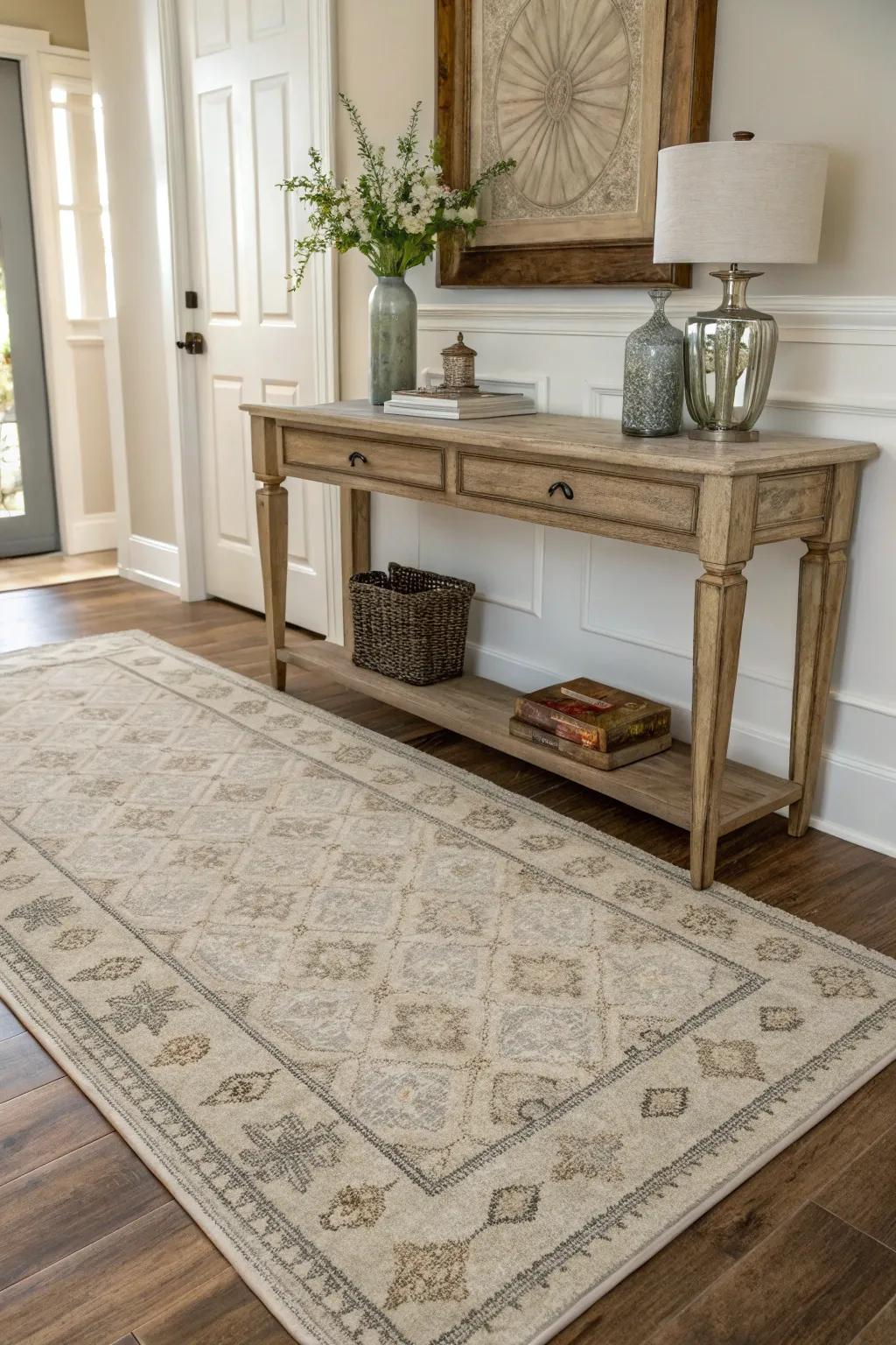 A well-selected floor covering can anchor your entryway and impart a welcoming sensation.