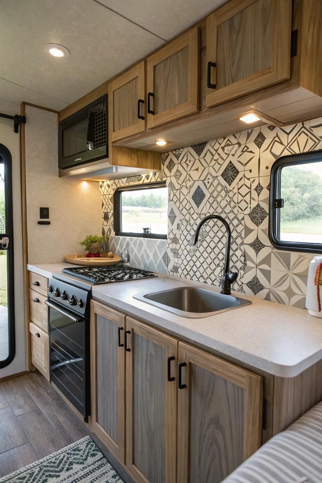Shaped layouts deliver a modern and creative feel to your RV kitchen.