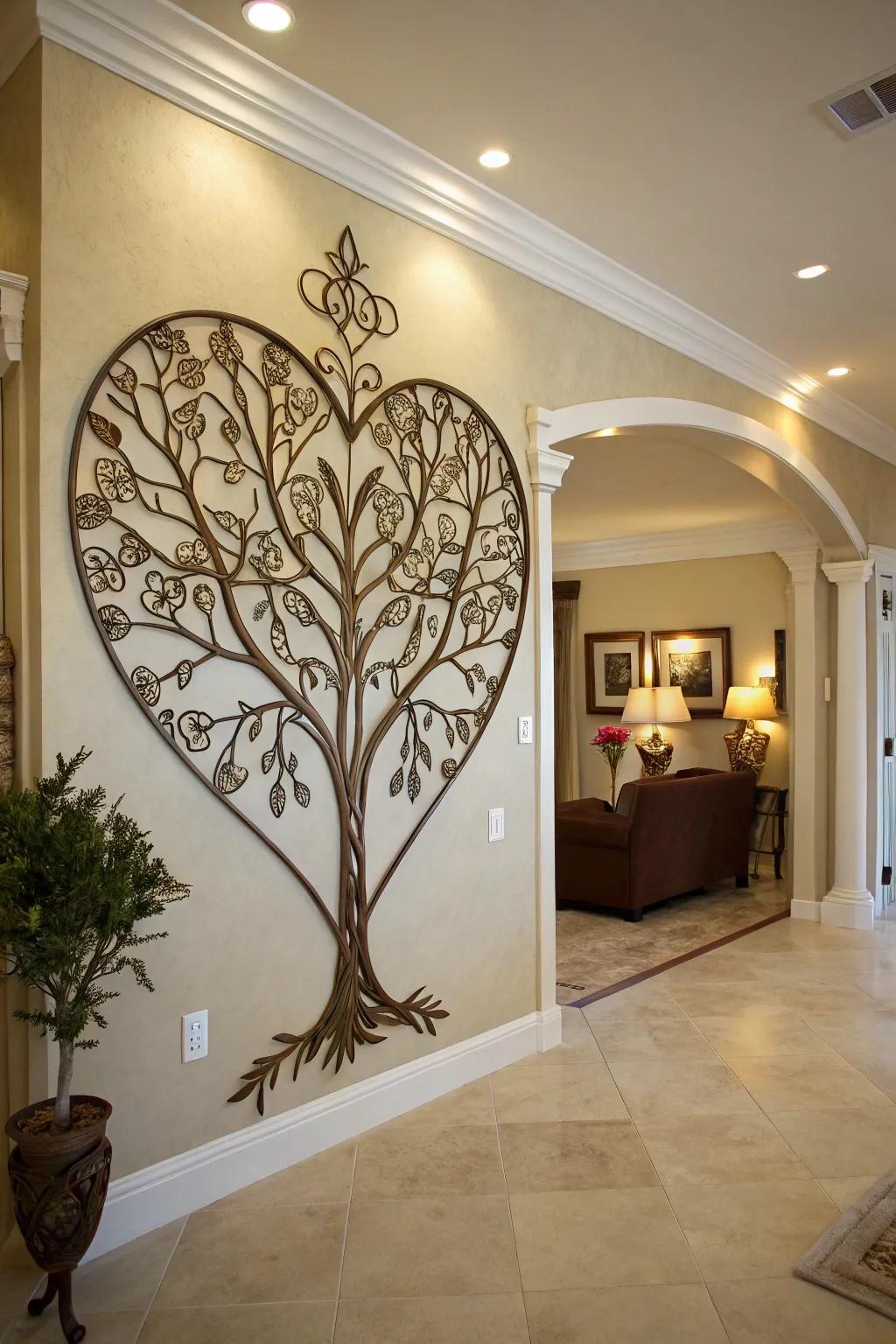 Metal art in the shape of a heart depicting an Arbor Vitae decorates a foyer wall.