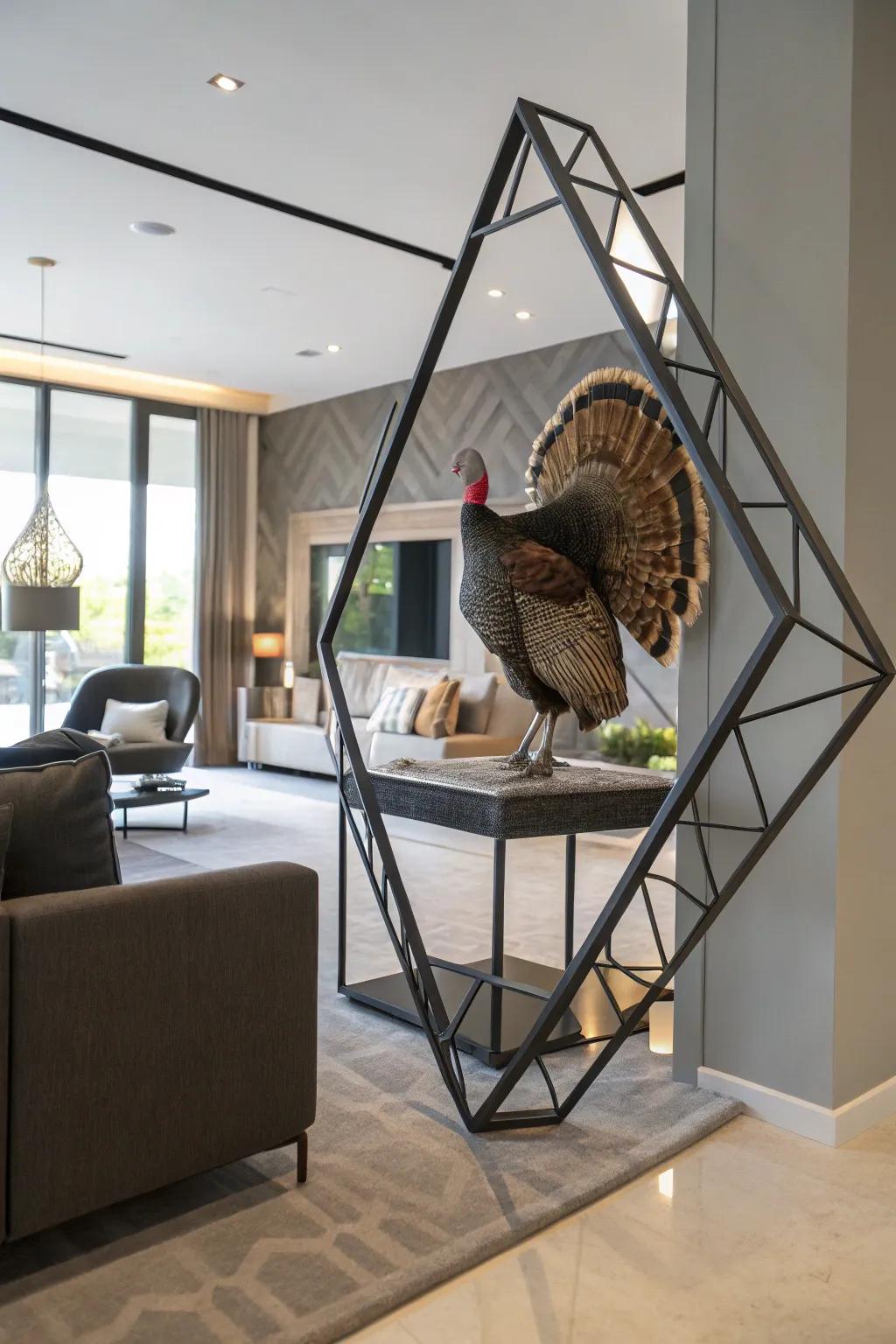 A contemporary geometric frame introduces a unique twist to a turkey fan display.