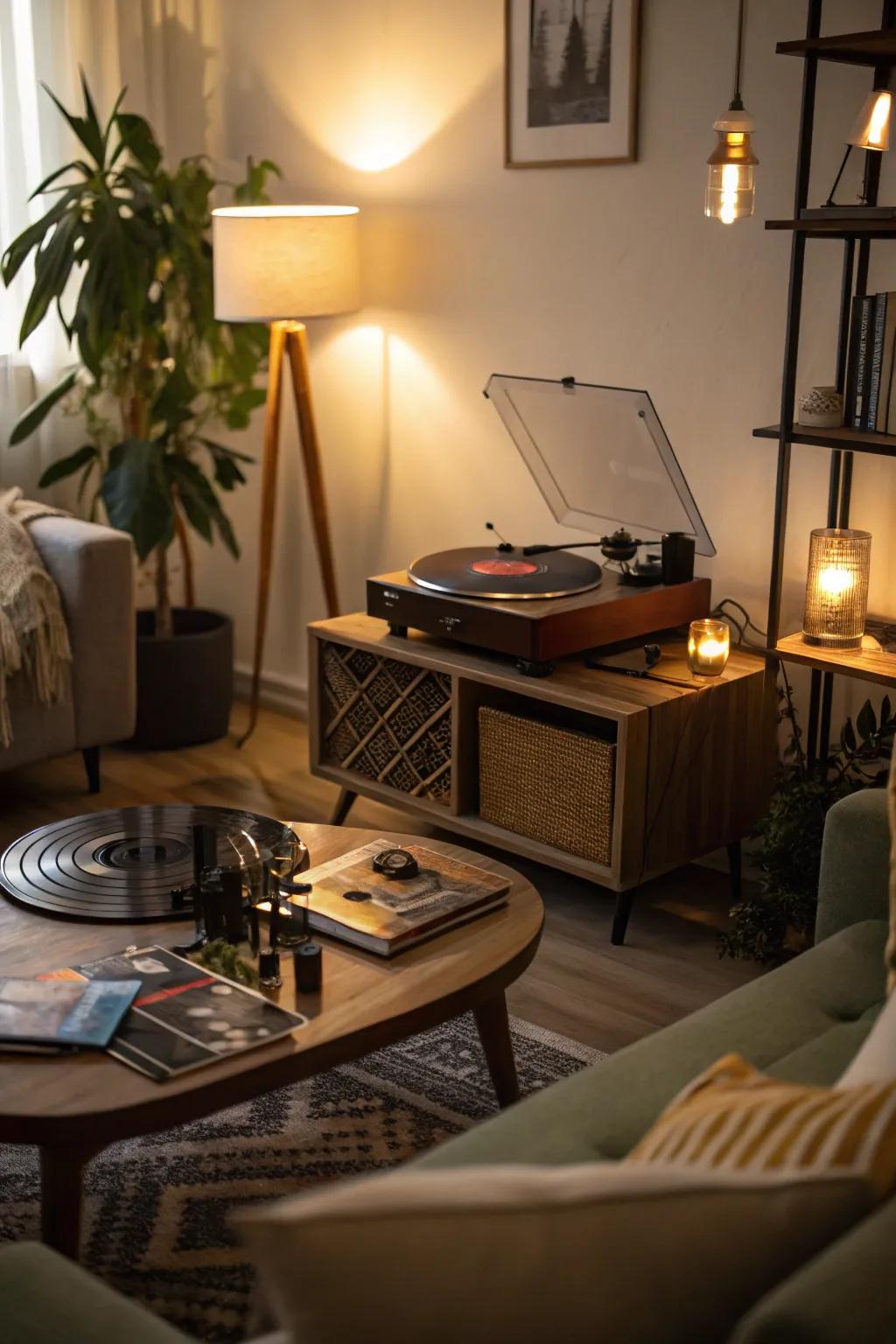 Surrounding illumination contributing warmth to a record player zone.