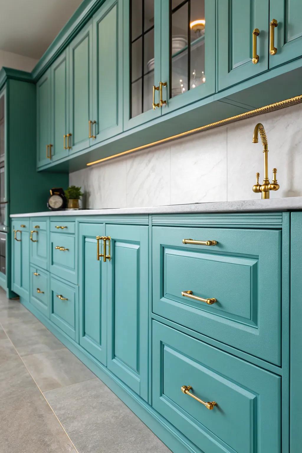 Elegant brass fixtures accenting turquoise cooking area cabinets.