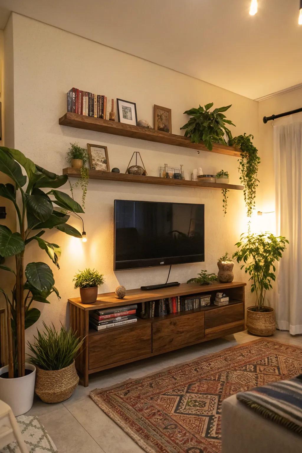 Floating ledges and plants invigorate this TV accent wall, crafting a vibrant atmosphere.