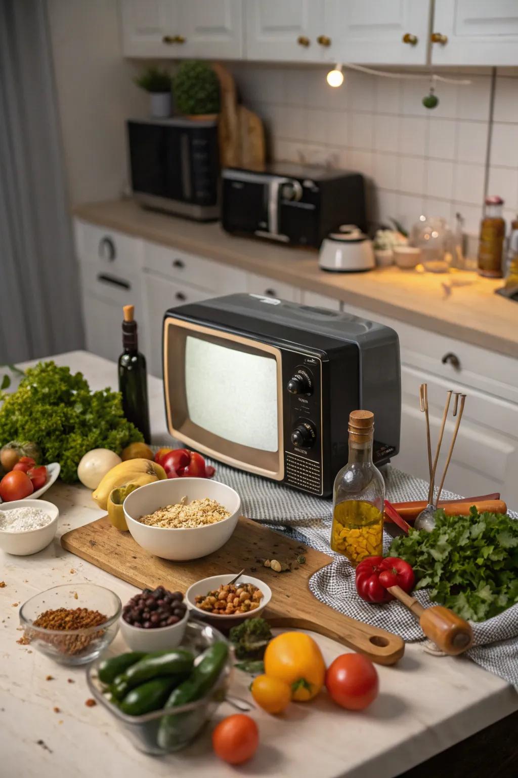 A small television placed on the cooking surface for straightforward viewing while cooking.