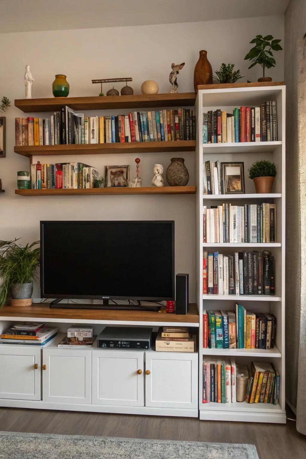 Wall-mounted storage near the entertainment center providing both organization and aesthetic appeal.