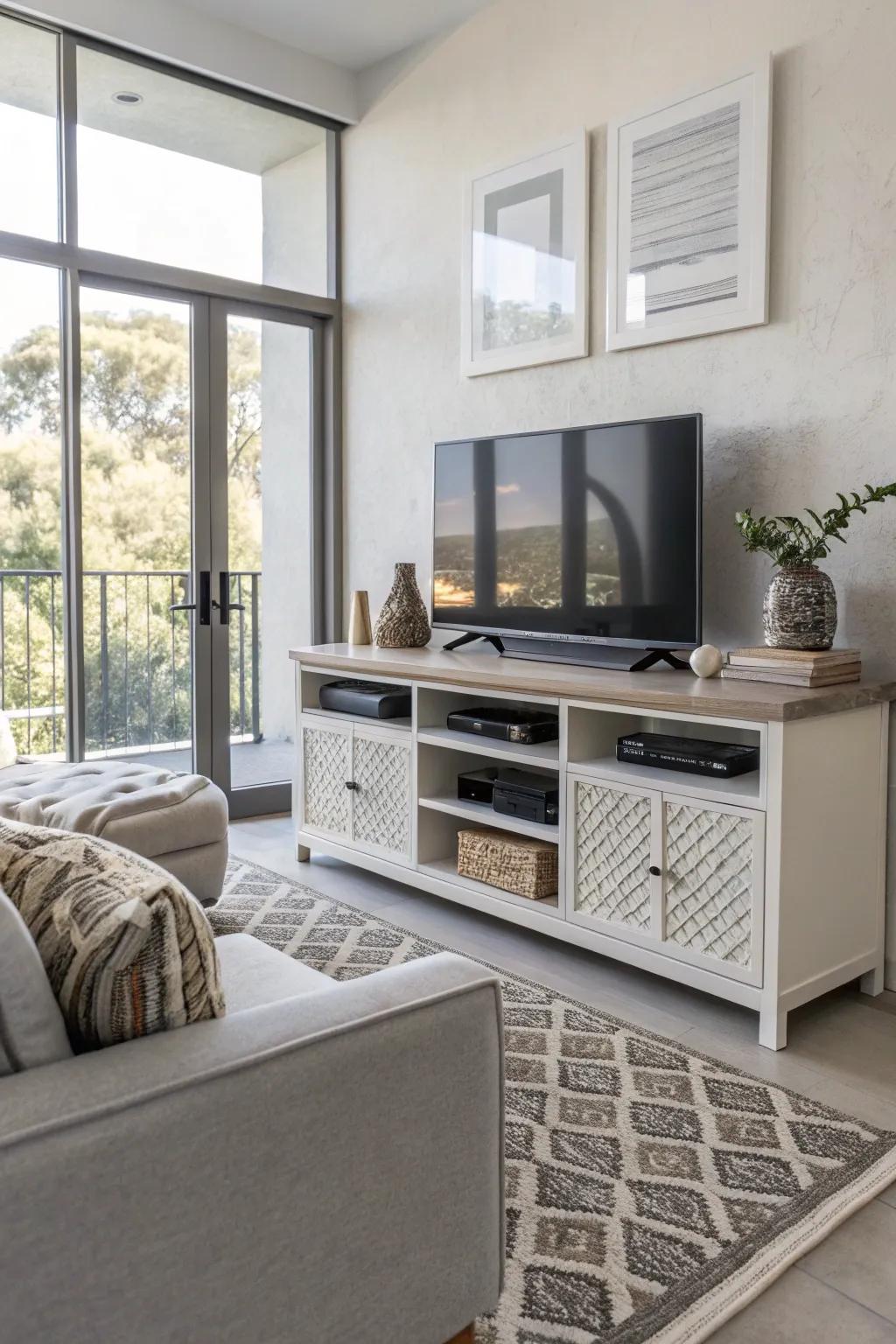 Integrated storage options maintain organized and tidy media gadgets.