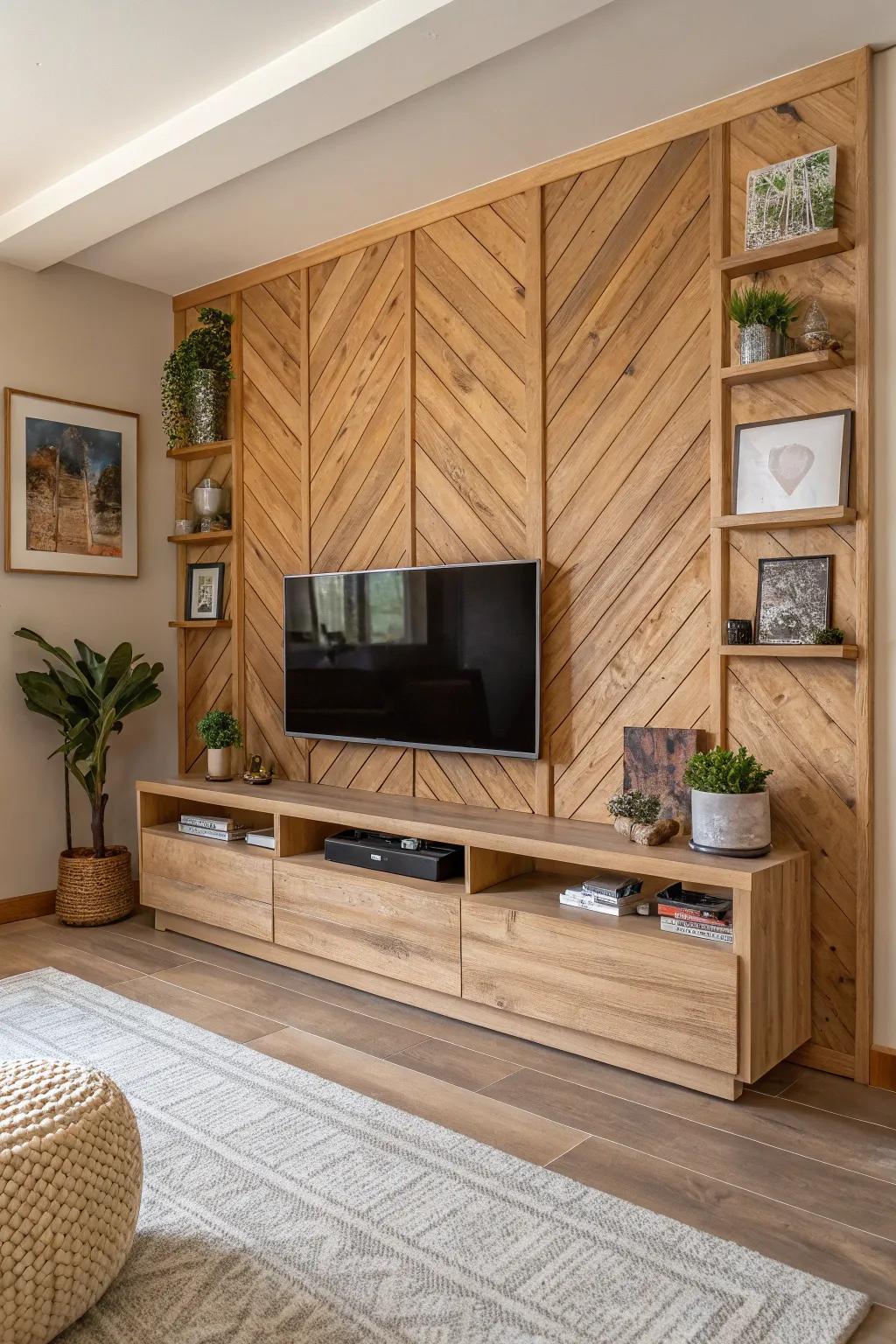 Wood details infuse a sense of warmth into this TV wall layout.