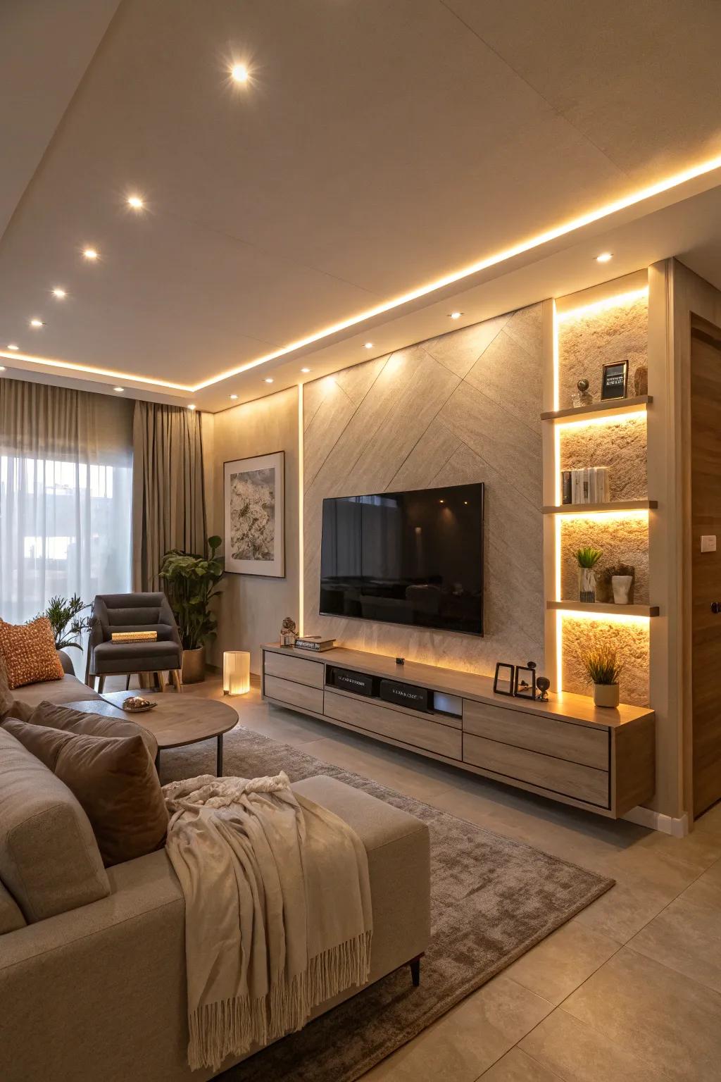 LED lighting brings a soft glow to this contemporary TV setup.