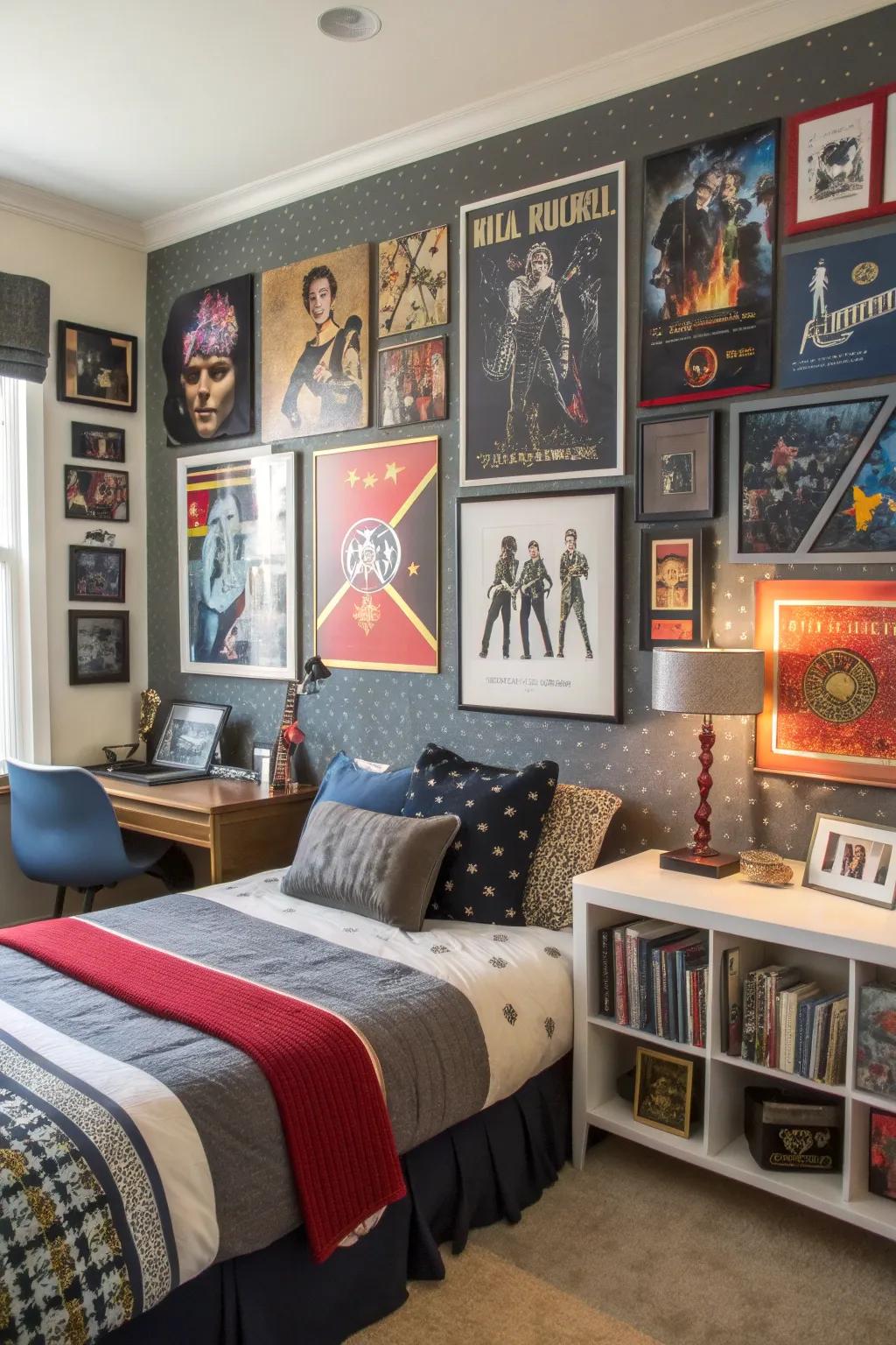 A bedroom decorated with various wall art and posters.