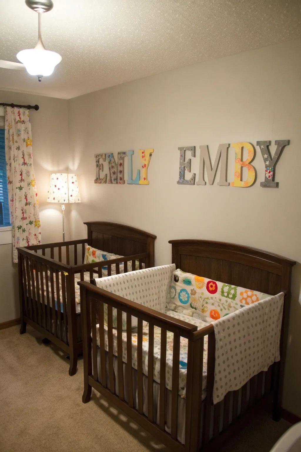 Custom wall art infuses each twin’s space with a one-of-a-kind flair.