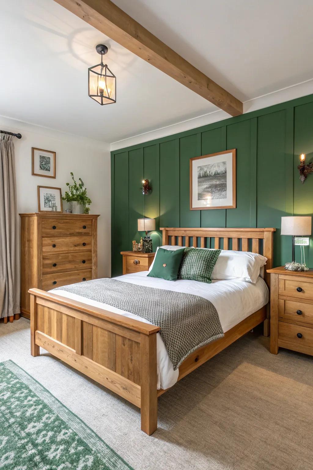 A serene bedroom featuring evergreen and snowdrift walls, echoing the beauty of nature.