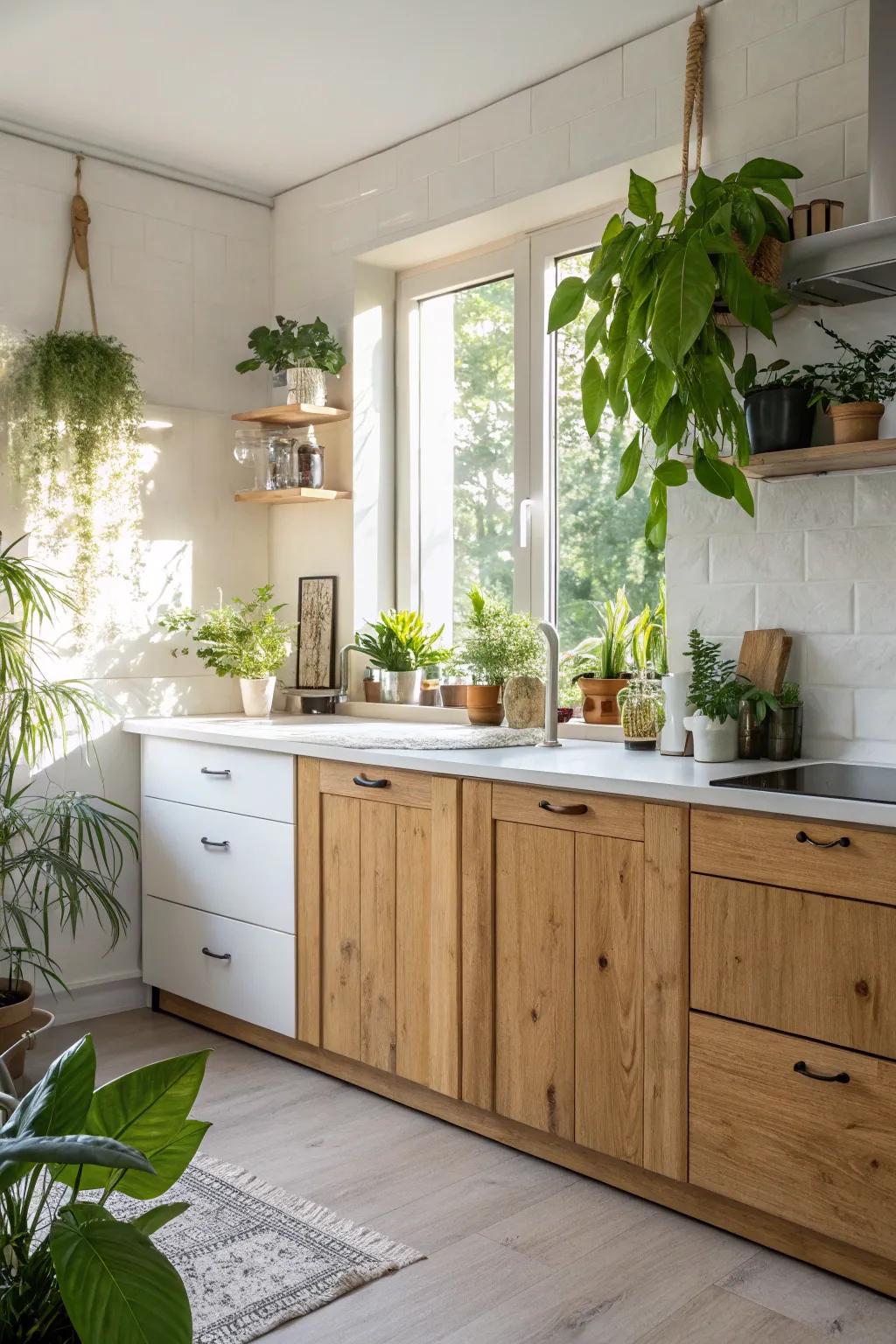 A warm wood and white kitchen that welcomes nature inside.