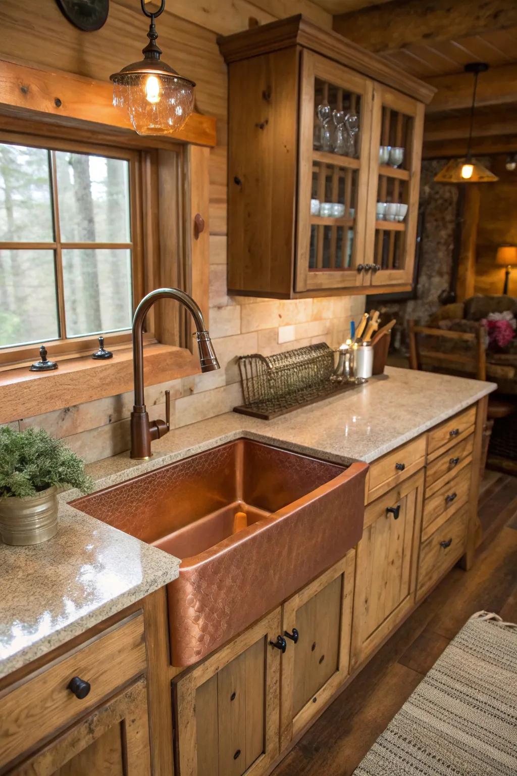A copper undermount sink adding warmth to a rustic-styled kitchen.