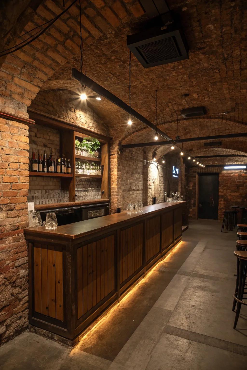 Brick accents bring a rustic charm to the basement bar.