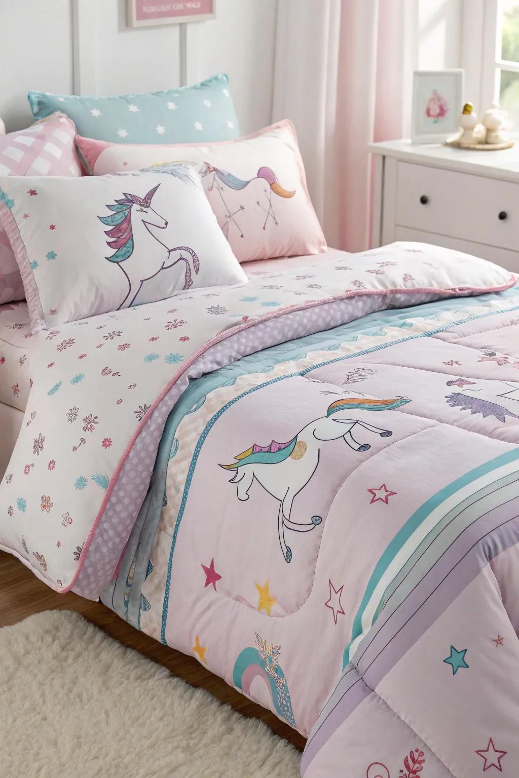 Delicate, plush bedding entices serene dreams of fantasy creatures.