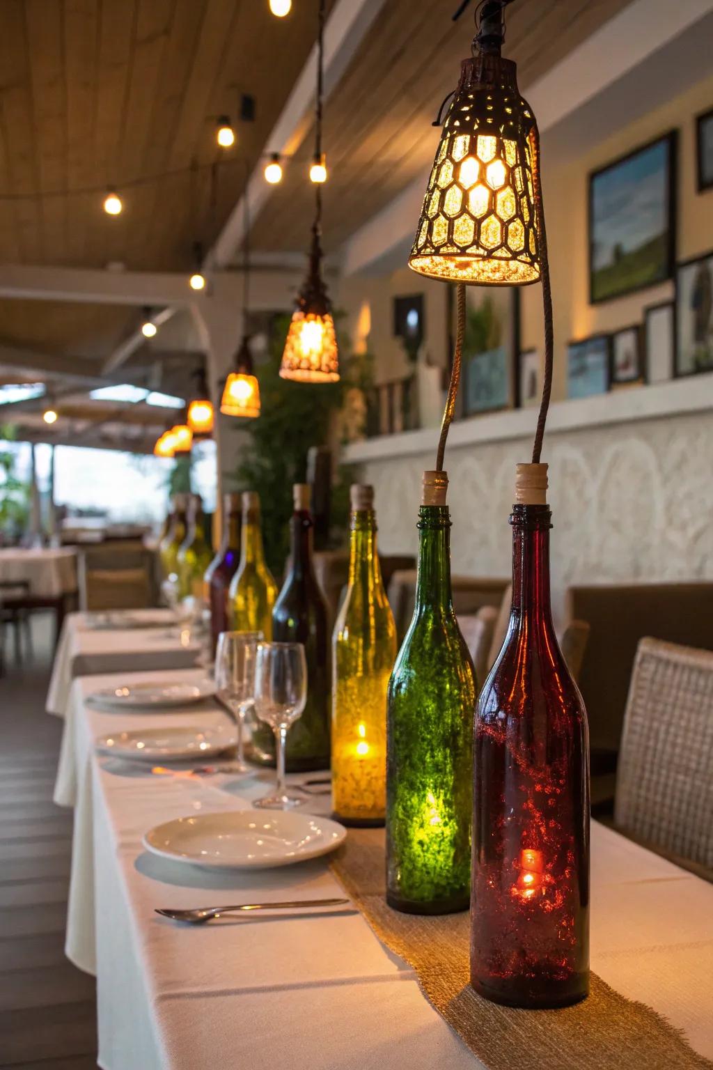 Eco-friendly grape juice bottle lamps for your dining area.