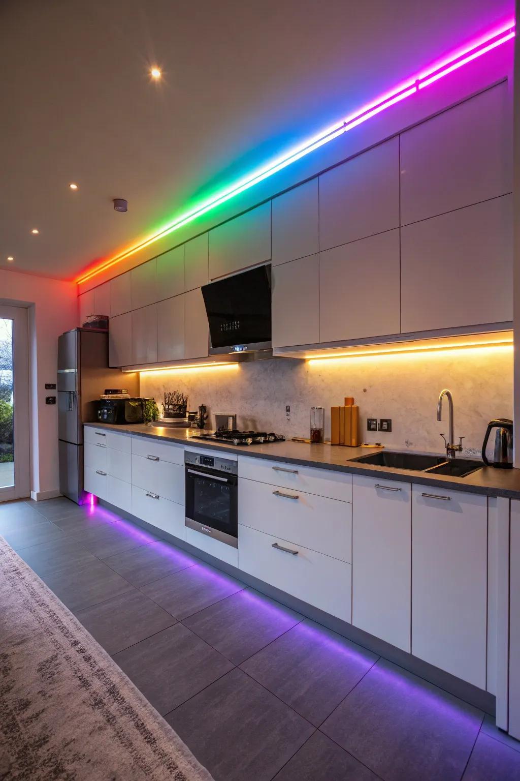 Chromatic LED ribbons introduce a playful aspect to the kitchen.