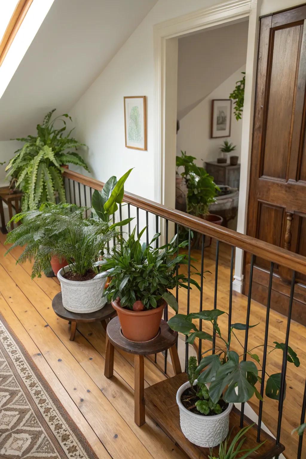 Plant life brings freshness to the upper hallway.